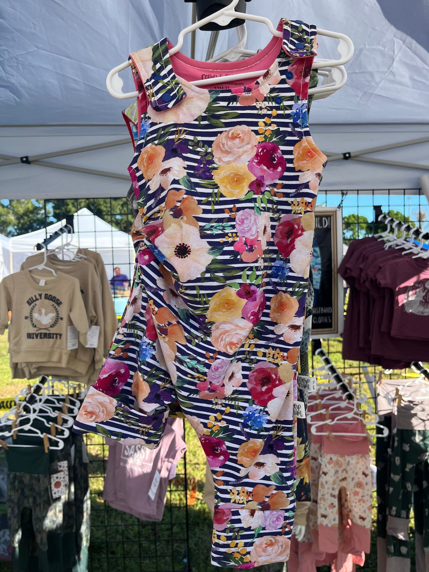 12M-3T Romperalls Shorts ; Florals on Navy Stripes