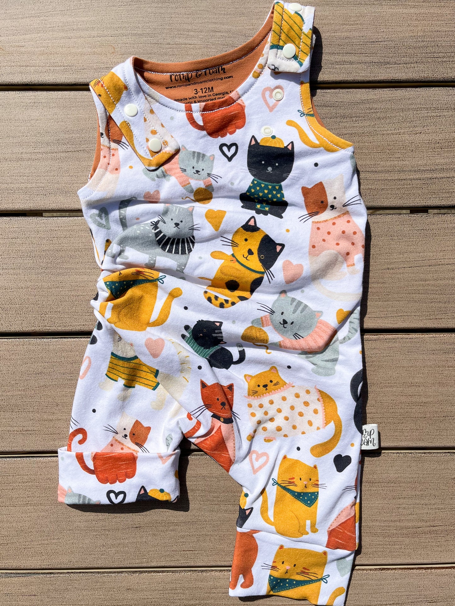 3M-12M Romperalls Shorts ; Cozy Cats