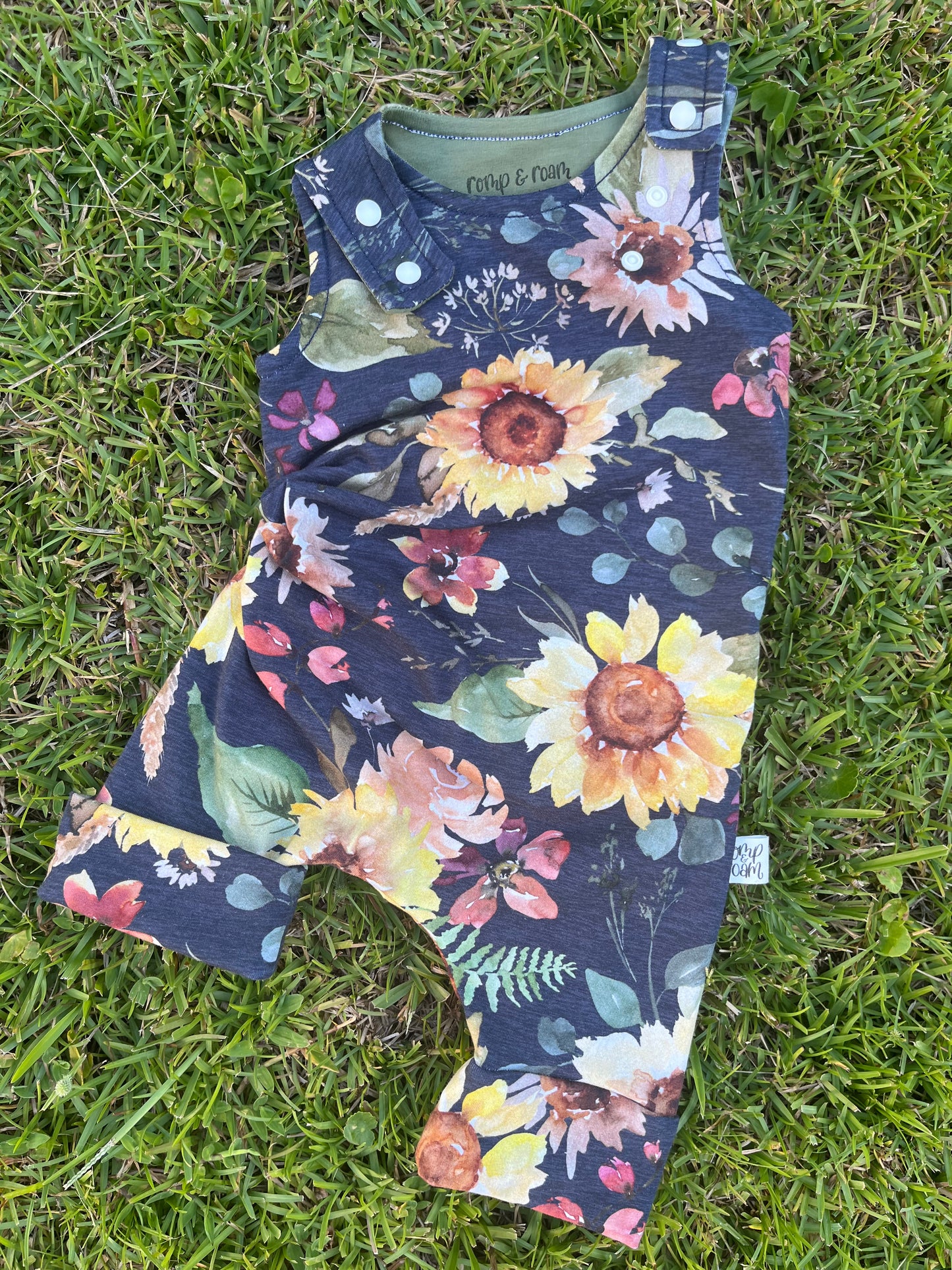 3M-12M Romperalls Shorts ; Sunflowers