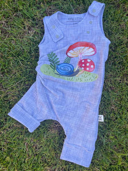 3M-12M Romperalls Shorts ; Snail and Mushrooms
