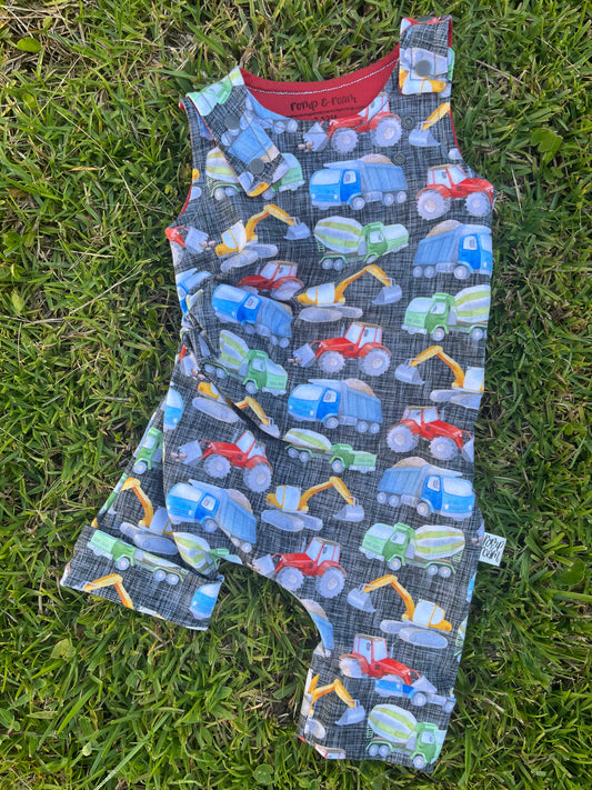 3M-12M Romperalls Shorts ; Construction Trucks
