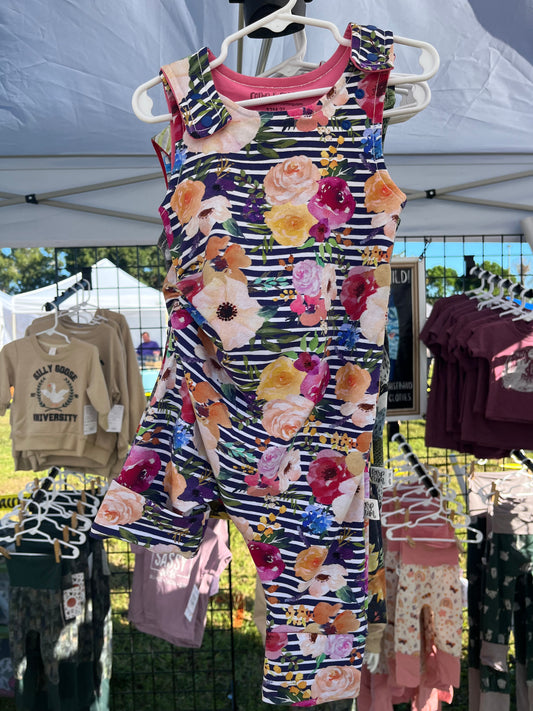 12M-3T Romperalls Shorts ; Florals on Navy Stripes