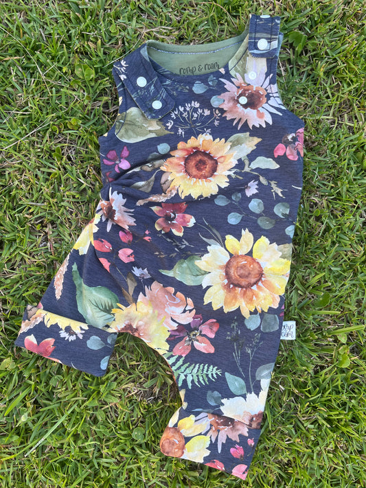 3M-12M Romperalls Shorts ; Sunflowers