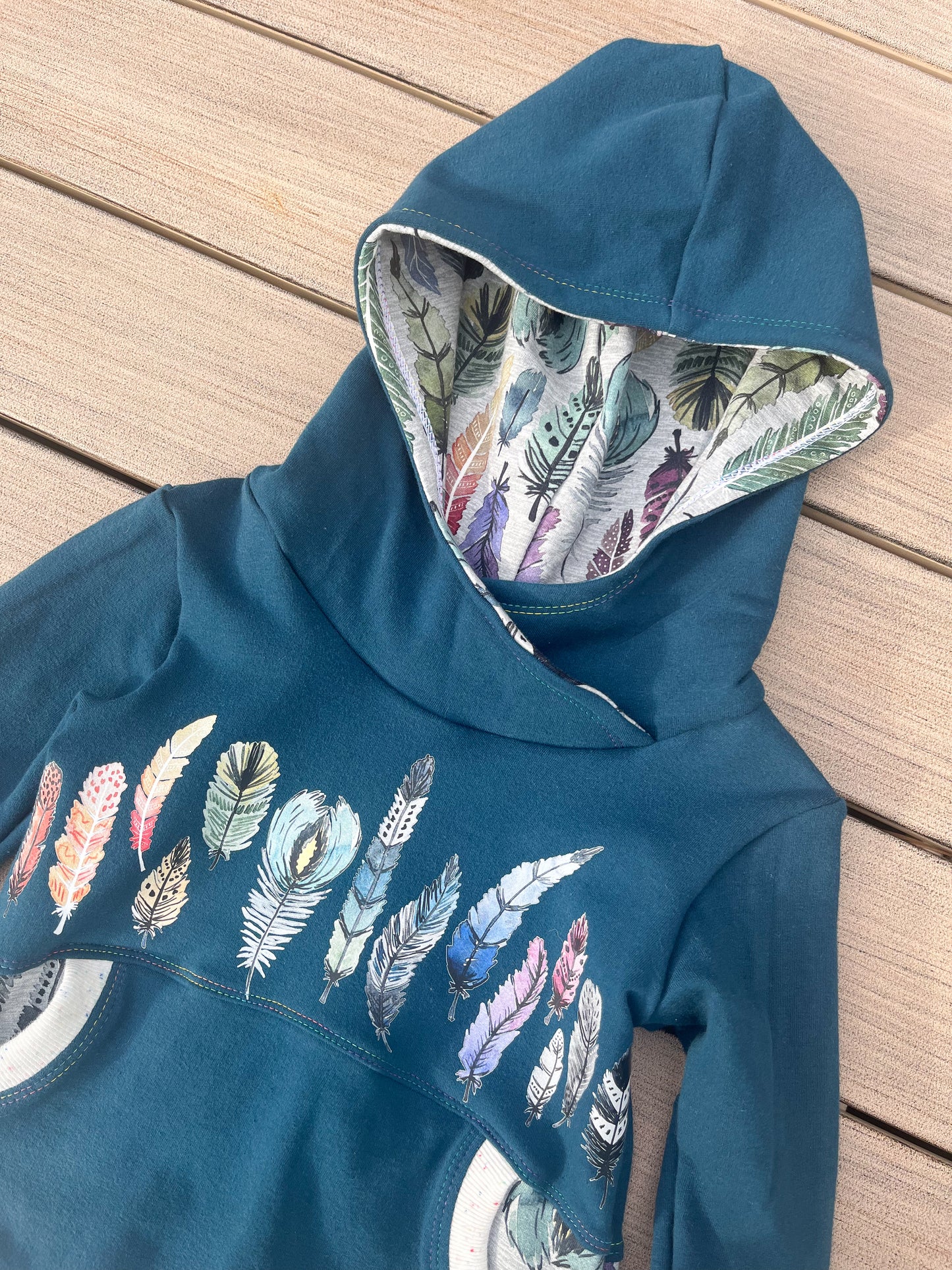 Grow-With-Me Hoodie / Feathers on Teal