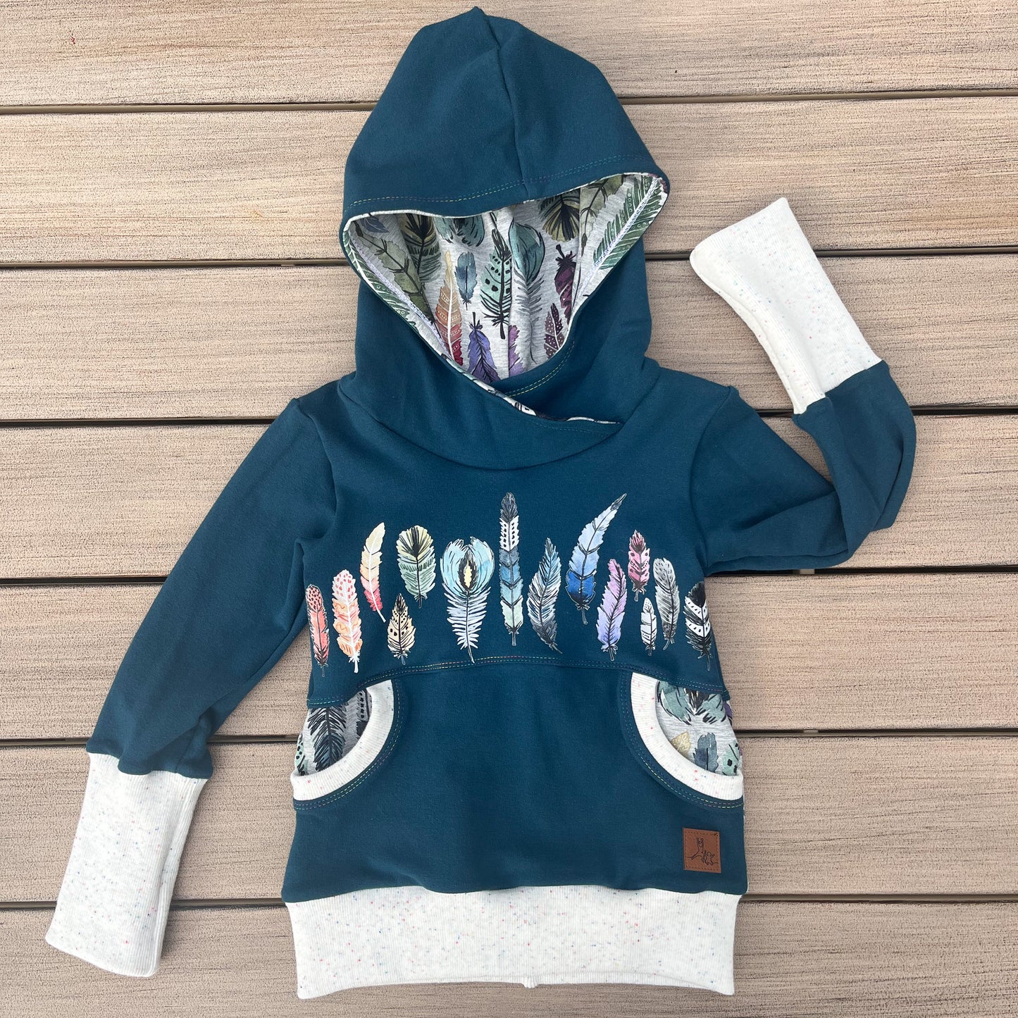 Grow-With-Me Hoodie / Feathers on Teal