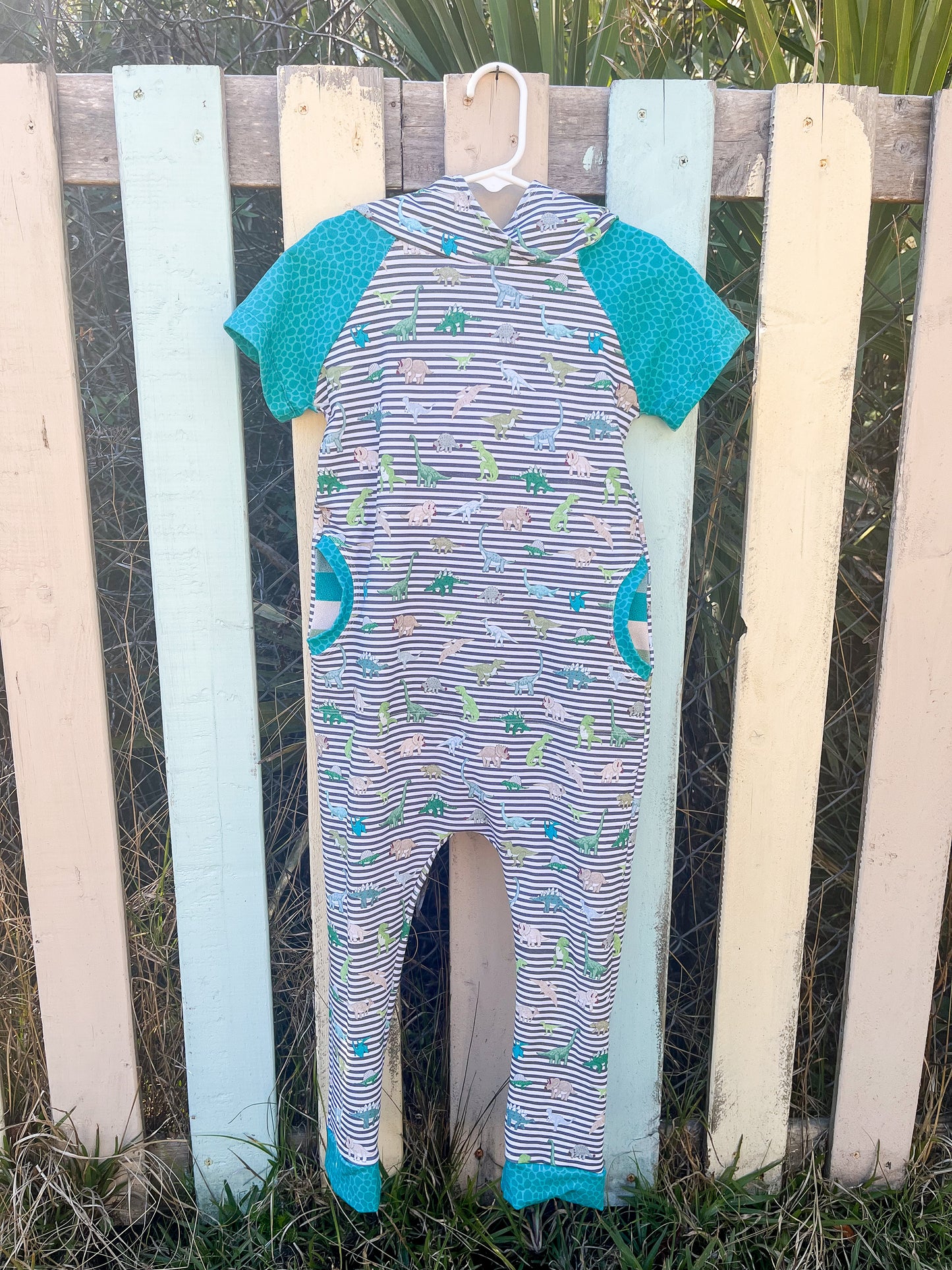 6Y - Raglan Romper - Dinos on Gray Stripes