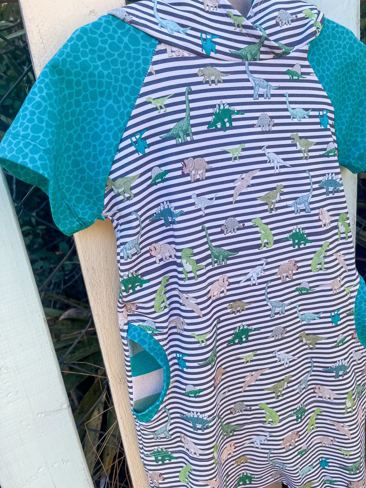 6Y - Raglan Romper - Dinos on Gray Stripes